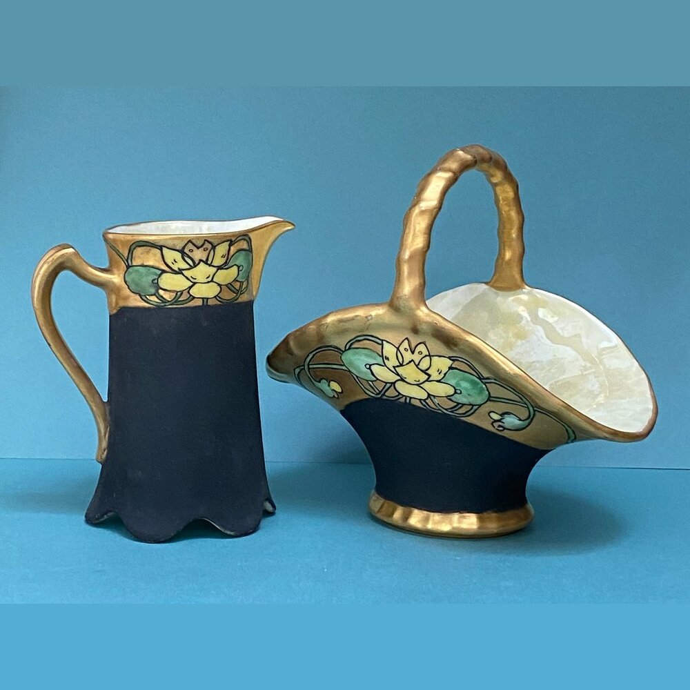 Antique Bernard Aud & Co. Haviland France Gilt Creamer and Salt Basket Art Deco